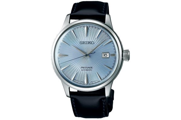 Men s Seiko Presage Cocktail Black leather strap with ice blue